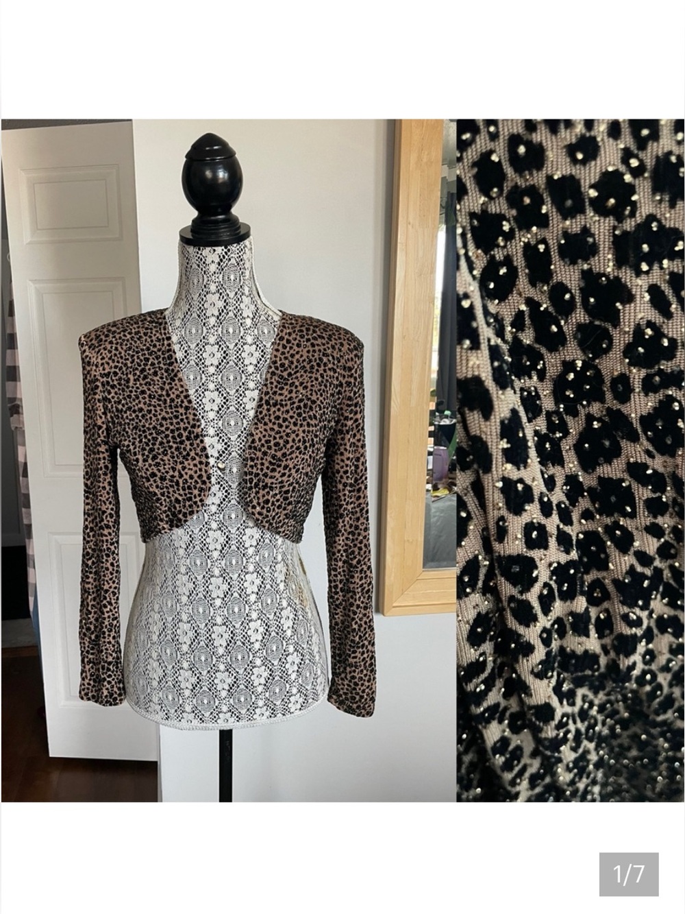 Vintage Mob Wife Sparkly Leopard Print Cropped Cardigan Bolero Shrug.Size 2P/XS